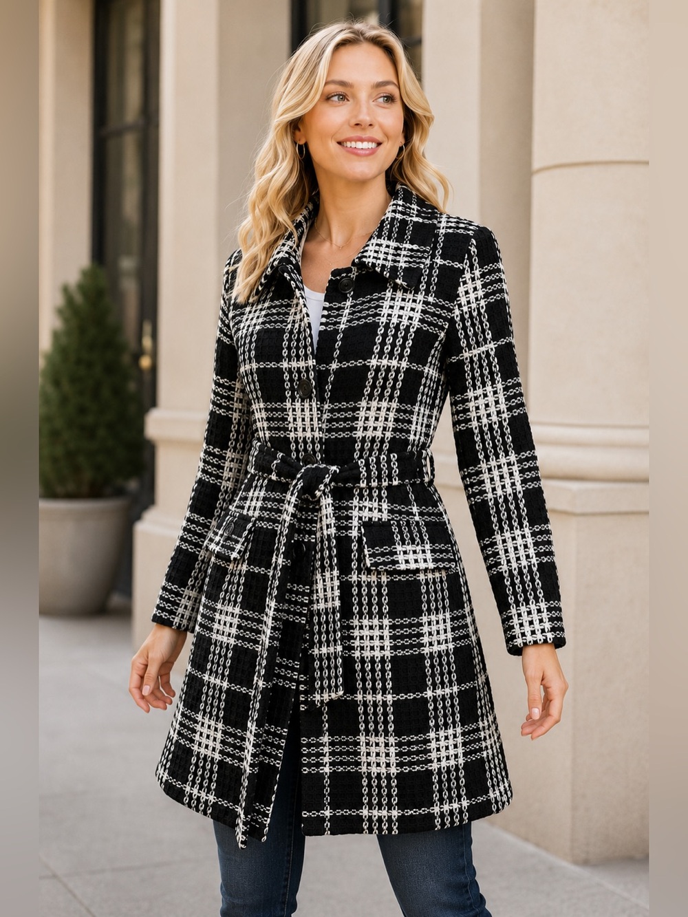 Body Central Black White Plaid Tweed Belted Coat Women’s Small Lined